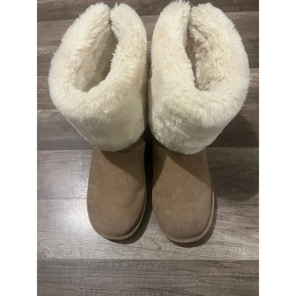 Lamo Women Tan Suede Faux Fur Fold Over Tall Winter Boots Strappy Chestnut